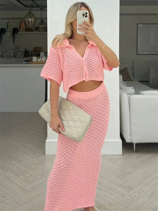 Knit Hollow Out 2 Piece-set Long Skirt ’s Cropped Top Cardigan and High Waist Maxi Skirt Outfits Female Clothes