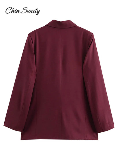 Burgundy Lapel Blazer Coat Double Breasted Full Sleeve Pocket Jacket Fall New Female Commute Outwear