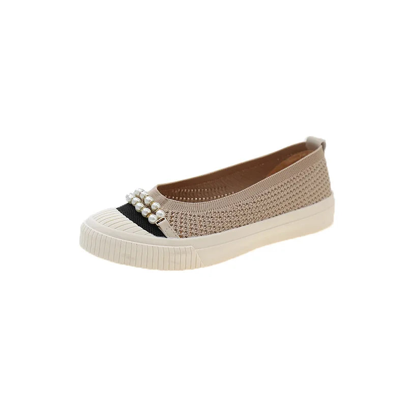 Shallow Mouth Round Head Single Shoes Spring Autumn New Woven Pearl Bow Thick Soled Low Comfort Loafer Shoe
