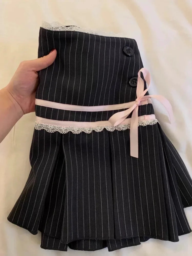 Preppy Style Half Skirt Clothing Highwaisted Aline Skirt Bow Stripes Contrast Color Pleated Skirts