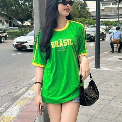 Europe and the United States Loose Letters Yellow Green Top Y2k ’s Summer T-shirt Clothing Street