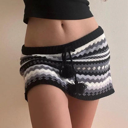 American Style Knitted Skirt Contrasting Color Laceup Striped Printed Hip Skirt Slim Fit Wool Knit Hot Girl Skirt