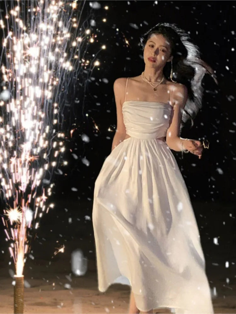 White Suspender Long Dresses for New Summer Hollow Out Expose Waist Clothes Beach Vacations Female Dress