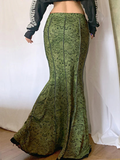 Forest Green Print Aesthetic Vacation Long Skirts Lace Trim Mermaid Skirt