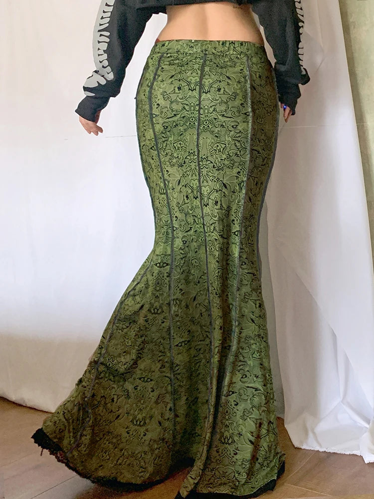 Forest Green Print Aesthetic Vacation Long Skirts Lace Trim Mermaid Skirt