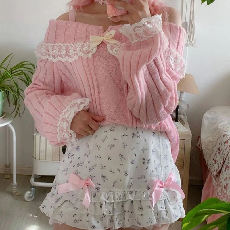 Outfits Harajuku Cosplay Sweater Kawaii Lace Trim Off Shoulder Pullovers Y2k Aesthetic Long Sleeve Jumpers