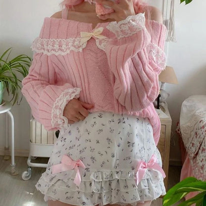 Outfits Harajuku Cosplay Sweater Kawaii Lace Trim Off Shoulder Pullovers Y2k Aesthetic Long Sleeve Jumpers