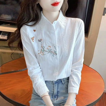 Embroidery Spring Autumn Blouses Shirts Lady Long Sleeve Turn-down Collar Color Blusas Tops Df4775
