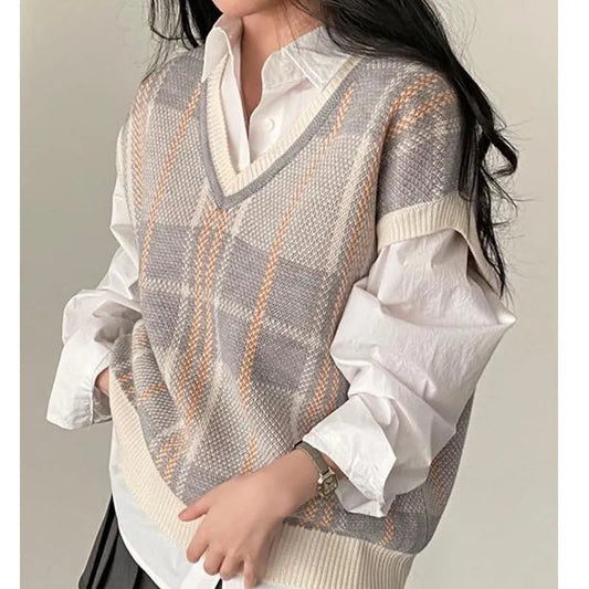 Autumn Winter Female Korean Loose Sweater Vest Office-lady V-neck Jumpers Pullover Knitted Tops Pull Femme Fc8533