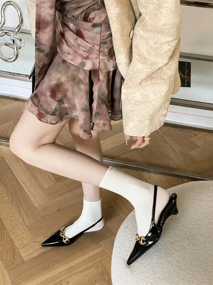 Metal Decoration Pointed Toe Pumps Thin Low Heels Sandals Dress Mules Shoes