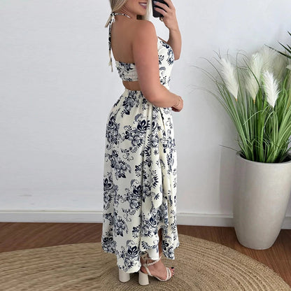 Halter Hollow Sleeveless Holiday Dress New Summer Print Ruffle Long Dress Backless Slim Party Dresses