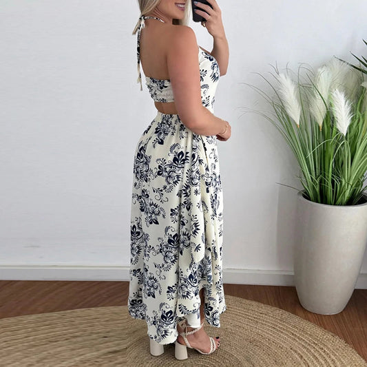 Halter Hollow Sleeveless Holiday Dress New Summer Print Ruffle Long Dress Backless Slim Party Dresses
