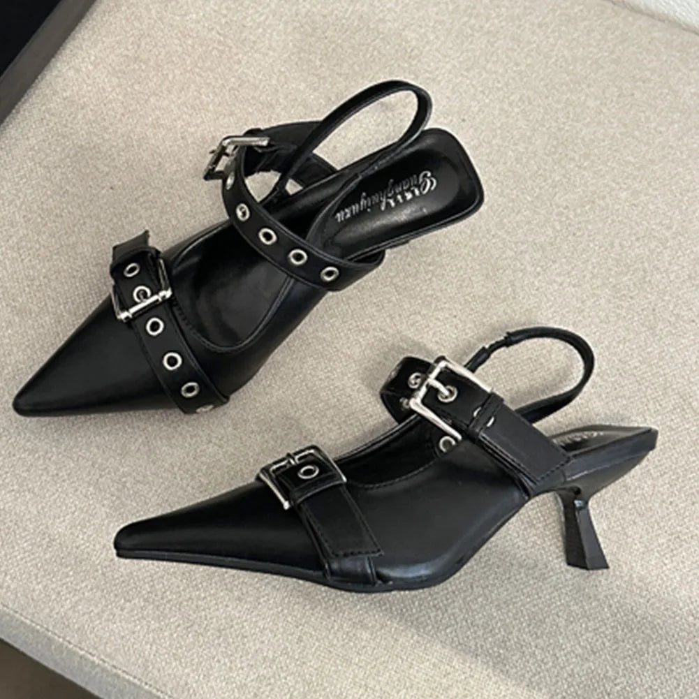 Pumps Belt Buckle Pointed Toe Black High Heel Mule Summer Slides Half Slipper Shoes for Big Size 43