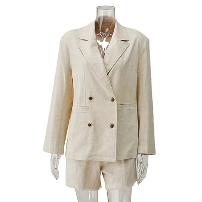 Textured Suits for Double Breasted Long Sleeve Outerwear+raw Hem Shorts Sets Two-piece Set