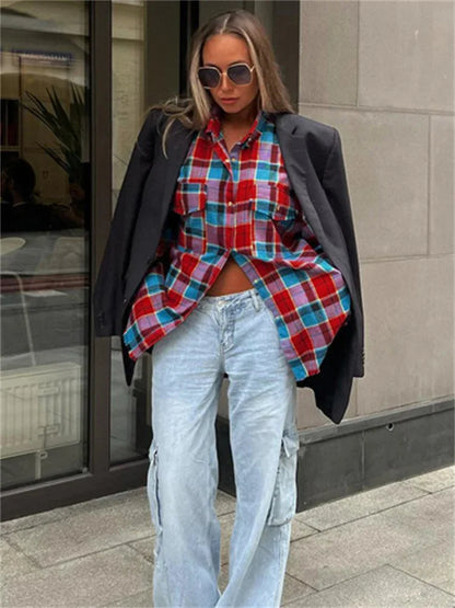 Patchwork Loose Shirts Female Patchwork Pocket Long Sleeve Contrast Autumn Outwear ’s Shirts Tee