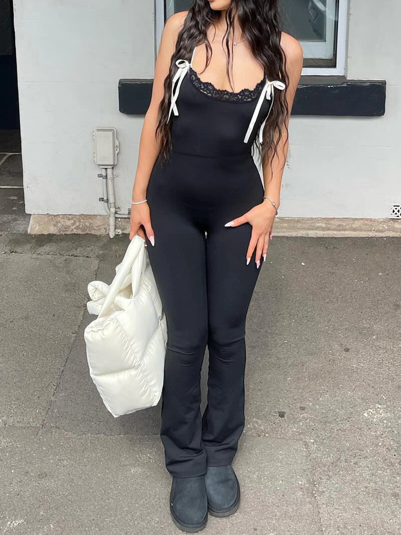 Black Sleeveless Skinny Flared Jumpsuits Lace Trim Tie Bow Sweet Y2k Slip Rompers