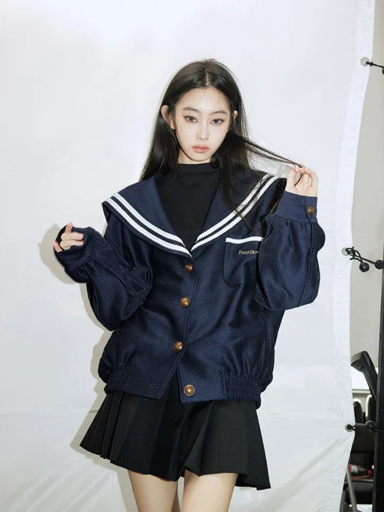 Sailor Collar Jacket Patchwork Long Sleeve Oversize Coat Preppy Style Uniform Old Money Aesthetics Outfits