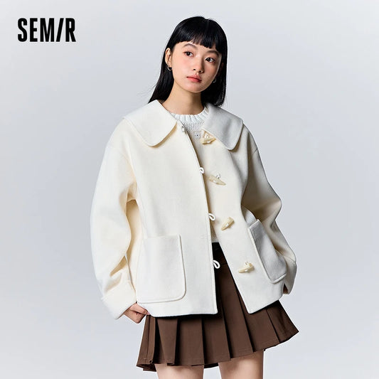 Coat Horn Button Loose Temperament Color New Winter Large Lapel Imitation Wool Coat