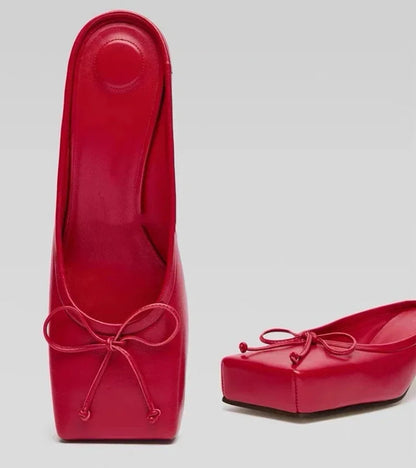 Designer Mule Pumps Slippers Bow Square Toe Party Dress Shoes Red High Heels Sandals