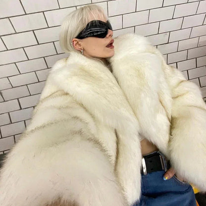Brand Runway Yellow Gradient Cropped Fluffy Fur Jacket Coat Winter Thicken Faux Fox Fur Outerwear