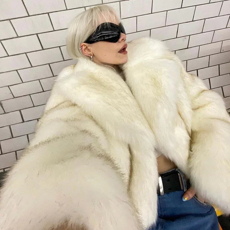 Brand Runway Yellow Gradient Cropped Fluffy Fur Jacket Coat Winter Thicken Faux Fox Fur Outerwear