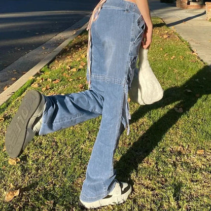 Y2k Street Retro Jeans Midiwaist Belt Drawstring Straight Pants Patchwork Style