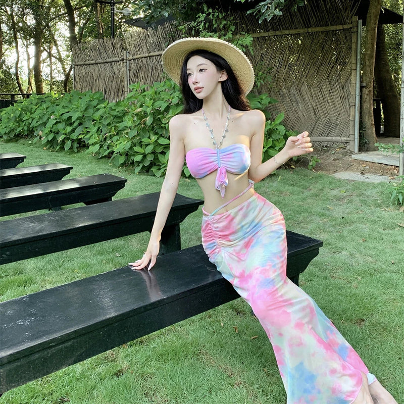 Pink Gradient Print Two Piece Set Summer Beach Vacation Long Sleeves Short Coat + Backless Halter Tops and Long Skirt Suit