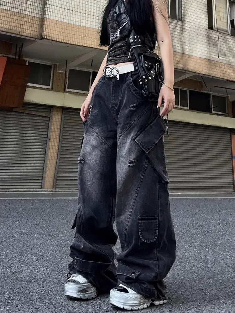 Black Ripped Cargo Jeans Hip Hop Harajuku Causal Loose Do Old Straight Wide Leg Denim Pants Y2k Mujer Trouser