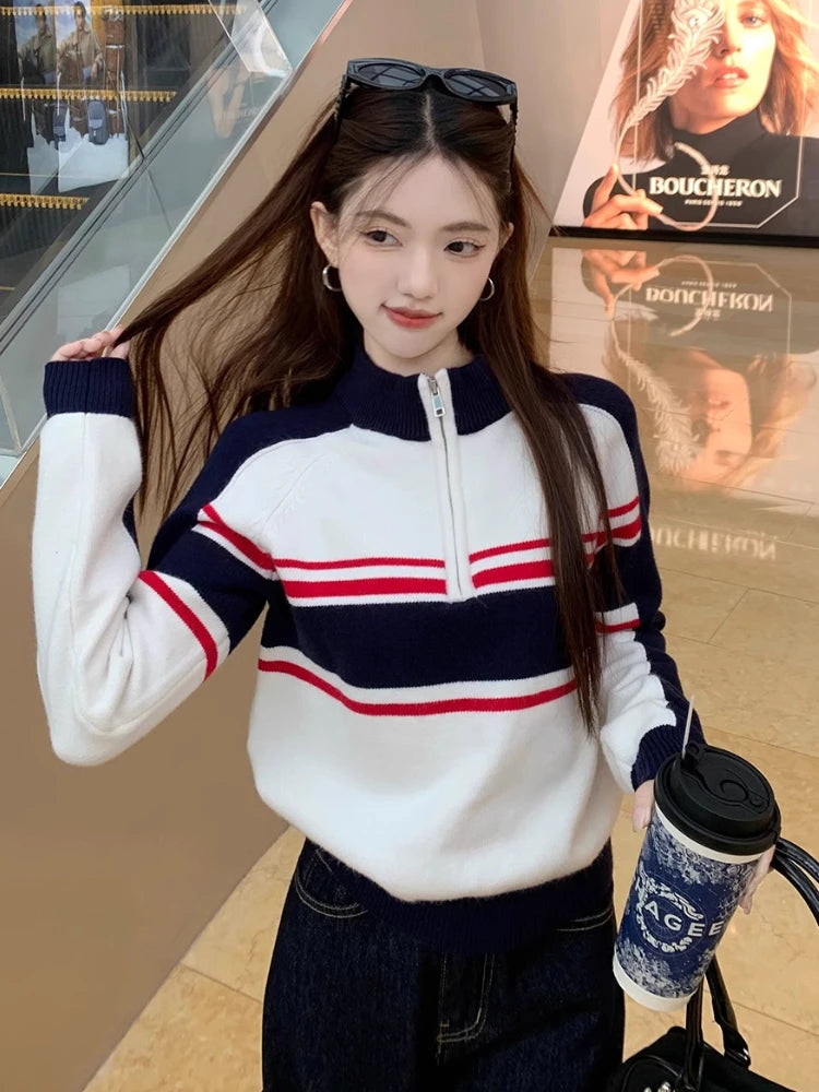 American Retro Striped Sweater Half Zipper Knitwear Pullovers Oversized Raglan Sleeve Winter Clothes