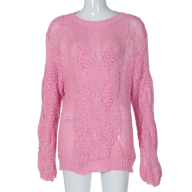Knitted Seethrough Sweater Pullover Autumn Loose Pullover Color Y2k Knitted Pullover