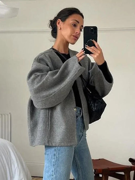One Button Woolen Coat Gray Loose Long Sleeve V-neck Short Jacket Female Autumn Winter Lady New in Outwears