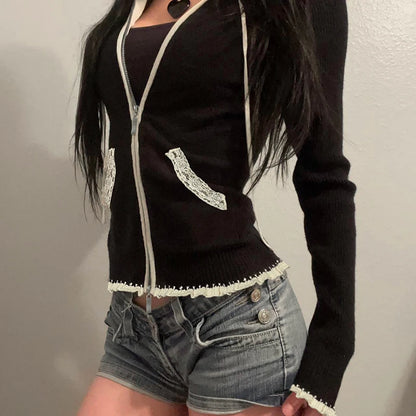 Black Lace Trim Knitted Sweater Cardigan Autumn Winter New Coat Sweet Basic All-match