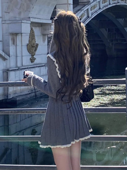 Y2k Sweet Knit Pleated Mini Skirts Suits Korean Preppy Style Two Pieces Set Female Slim Sweater New Outfits