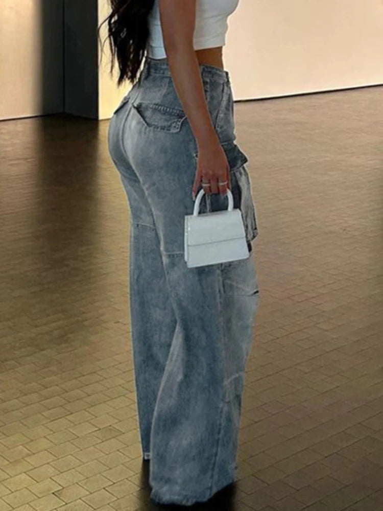 Pockets High Waisted Jeans Woman Autumn Winter Baggy Blue Cargo Pants Loose Denim Pant