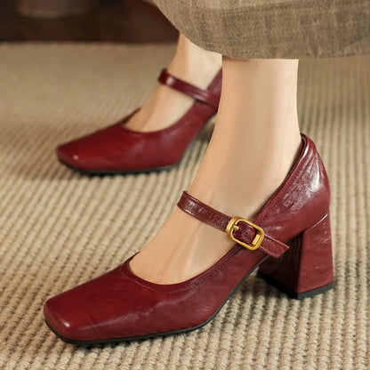 Sheepskin Square Toe Slipon Very Jane Pumps 6.5cm Thick High Heel Evening Dress Heeled Shoes for Woman