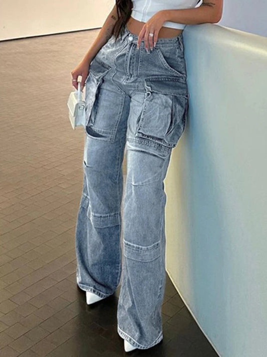 Pockets High Waisted Jeans Woman Autumn Winter Baggy Blue Cargo Pants Loose Denim Pant