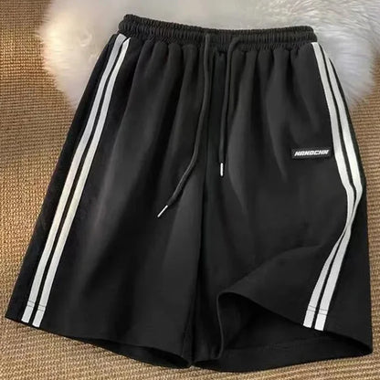 Striped Shorts Summer Loose Wide Leg Shorts Korean Elastic Waist Sports Shorts Bf Couple Oversized