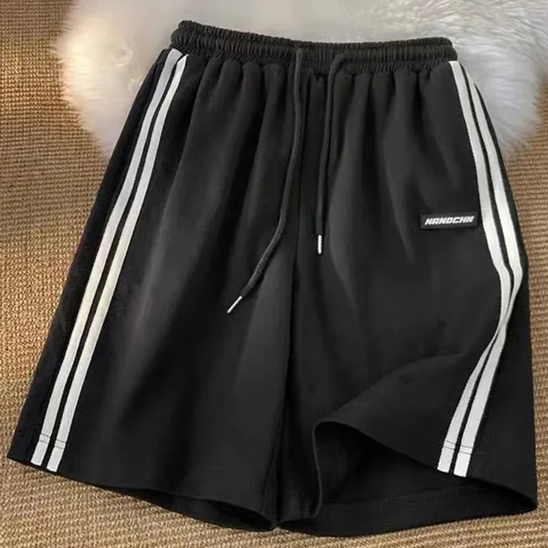 Striped Shorts Summer Loose Wide Leg Shorts Korean Elastic Waist Sports Shorts Bf Couple Oversized