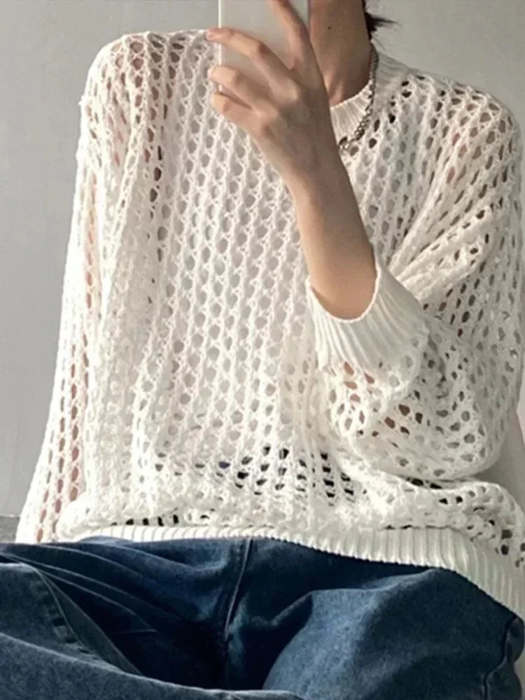 Summer Oversize T-shirt Knitted Sweater ’s Long Sleeve Transparent Top Loose Pullovers Basic T-shirt for