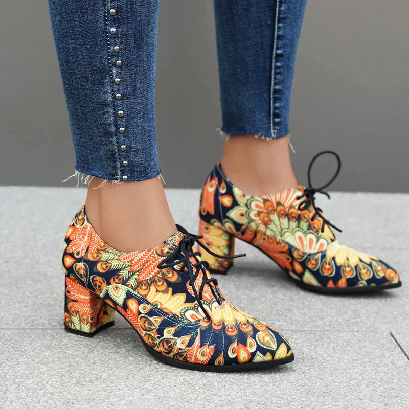 Style Printed Fabric Lace Up High Heeled Shoes Round Toe Cross Tied Spring Autumn New Pumps Oxfords 3548