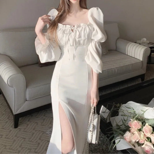 Autumn New Bodycon Midi Dresses for Puff Sleeve Square Collar High Split Office Lady Korean Evening Party Dress
