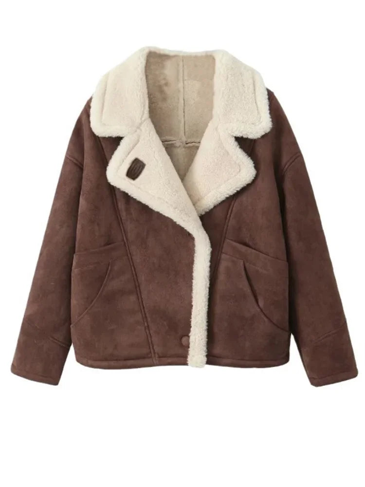 Winter Loose Overcoat for Lapel Pocket Jacket Coat Commute Contrast Outwear