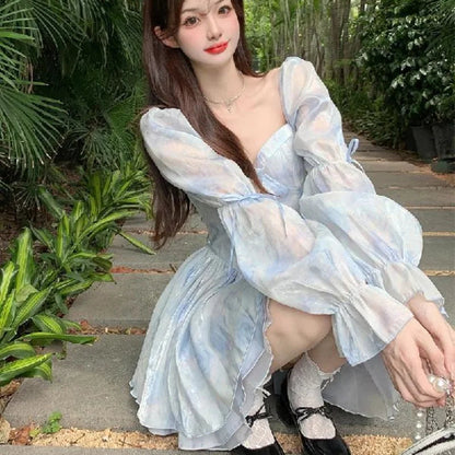 Spring Fall Aline Mini Dresses Blue Korean Vestidos Mujer Beach Style Sweet Print Dress