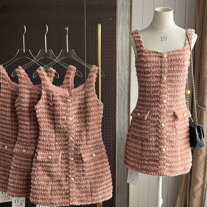 Korean Small Fragrant Tweed Dress Spaghetti Strap V Neck Woven Tassel Gold Button Mini Dresses Clothes for Woman