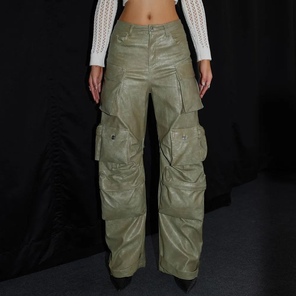 Loose Spliced Pockets Pant for High Waist Patchwoek Zippers Pu Leather Trousers Female Autumn Clothes