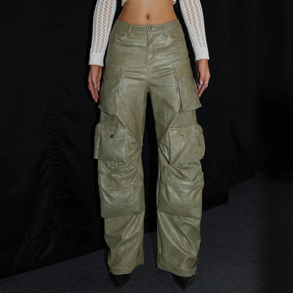 Loose Spliced Pockets Pant for High Waist Patchwoek Zippers Pu Leather Trousers Female Autumn Clothes