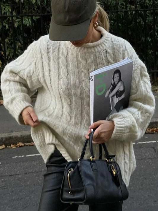 Knitted Long Sleeve Sweaters Loose White Half High Neck Pullover Sweater Female Autumn Simple High Street Tops