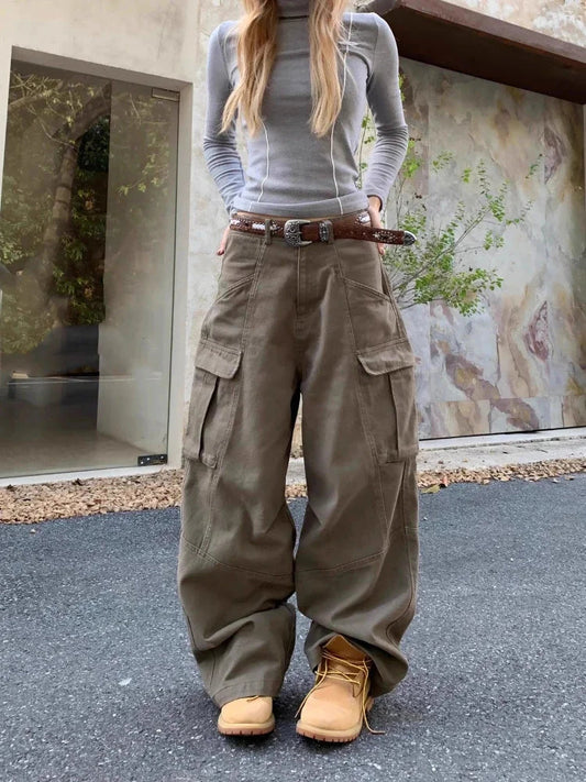 Retro Cargo Denim Pants Hip Hop Baggy High Waist Japanese Style Wide Leg Jeans Y2k Causal Mujer Trouser
