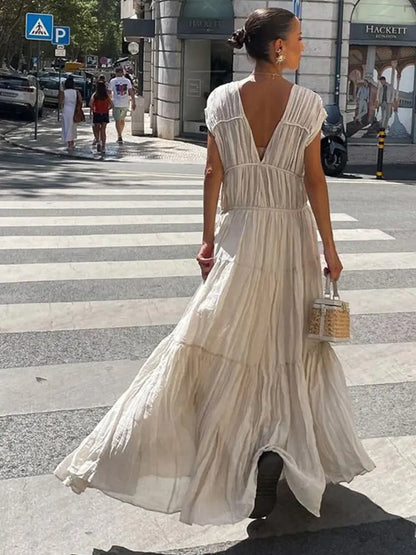 Pleated Long Dresses Backless O-neck Short Sleeve Dresses Female Summer Spring Party Beach Holiday