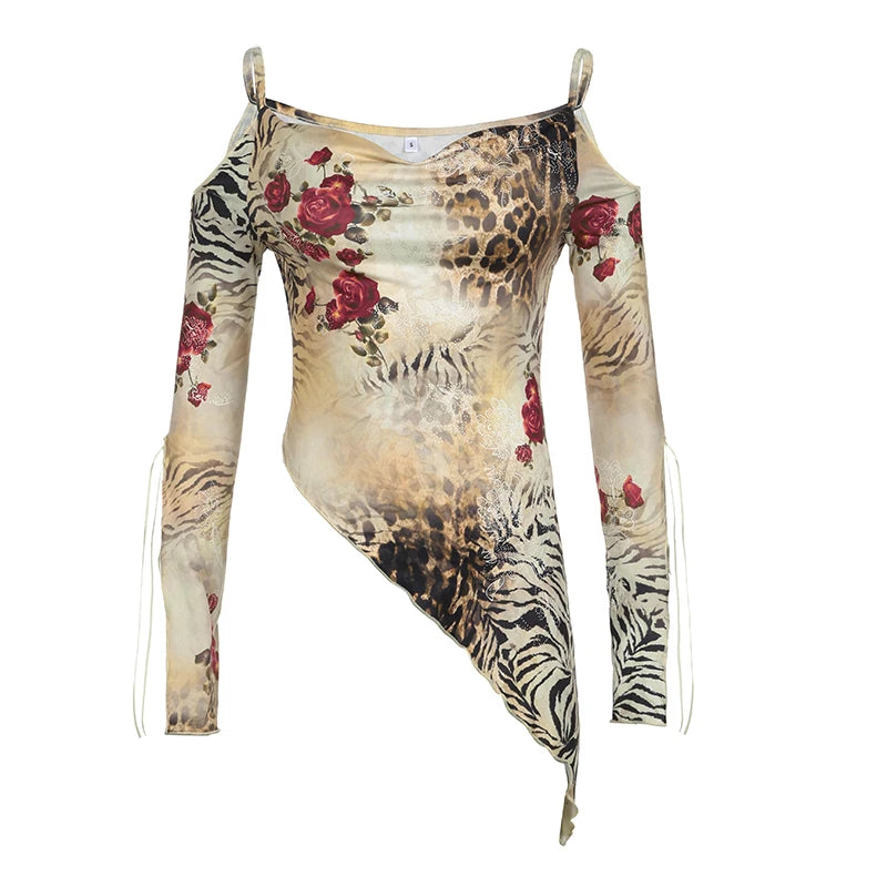 Asymmetric Tiger Pattern Rose Print T-shirt Y2k Long Sleeve Off Shoulder Suspender Top